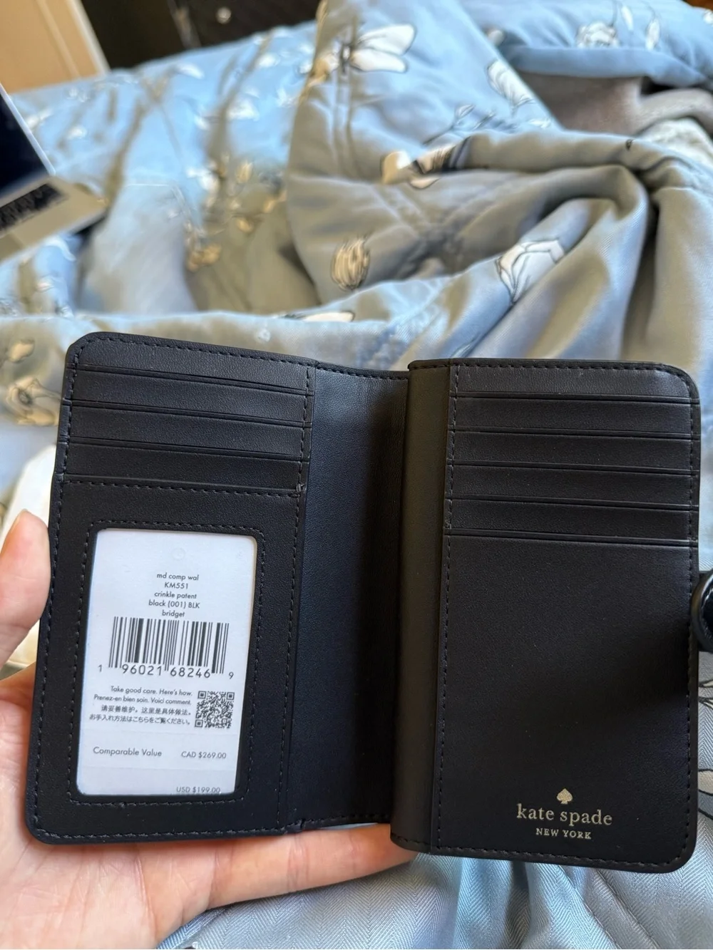 kate spade Black Patent Leather Zip-Around Wallet with Gold Hardware